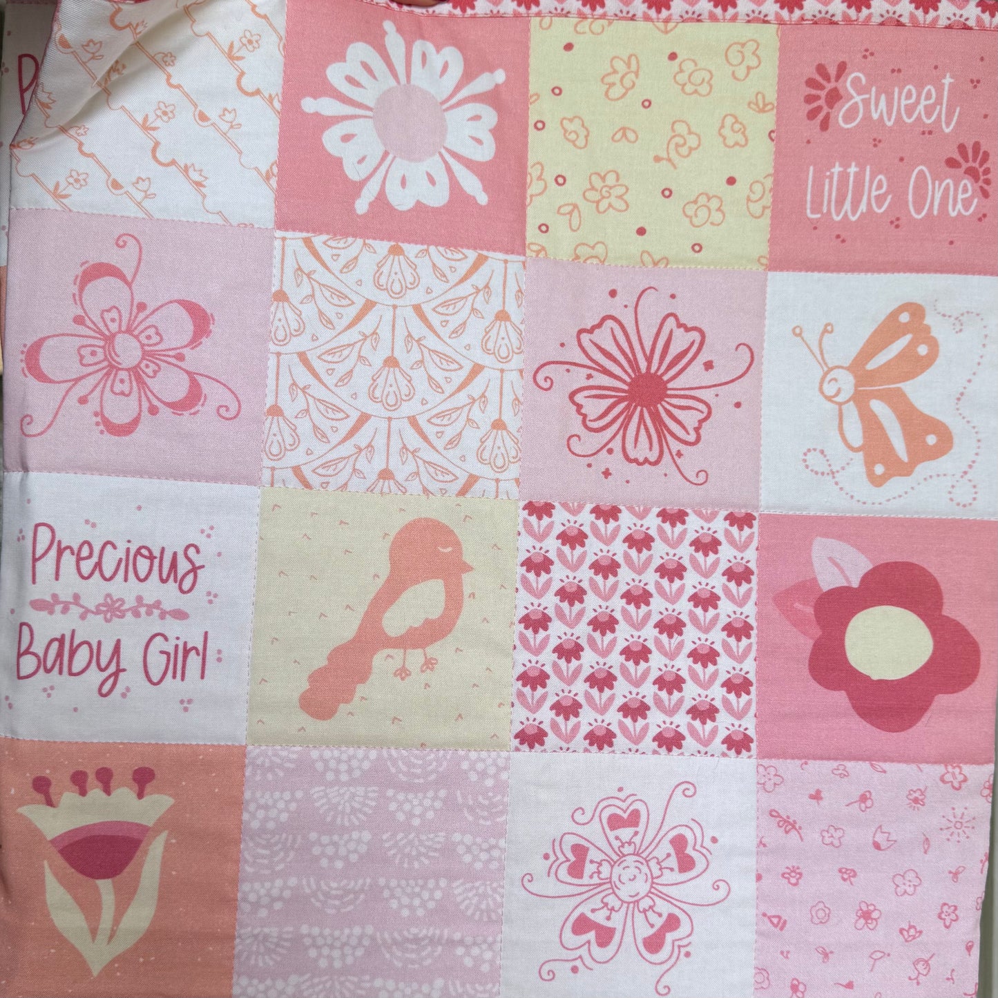 Baby Girl Quilt Pink Yellow Orange Flowers Bird Butterfly