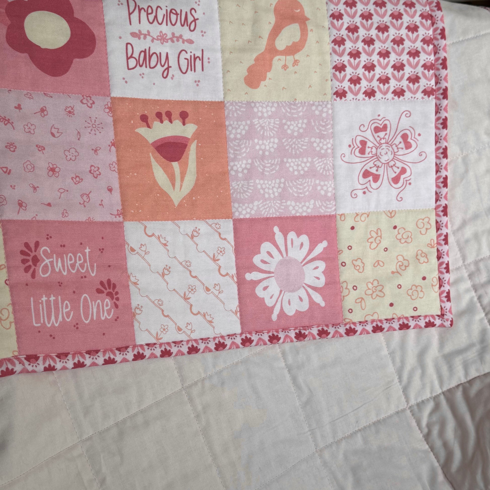 Quilt binding has mitered corners