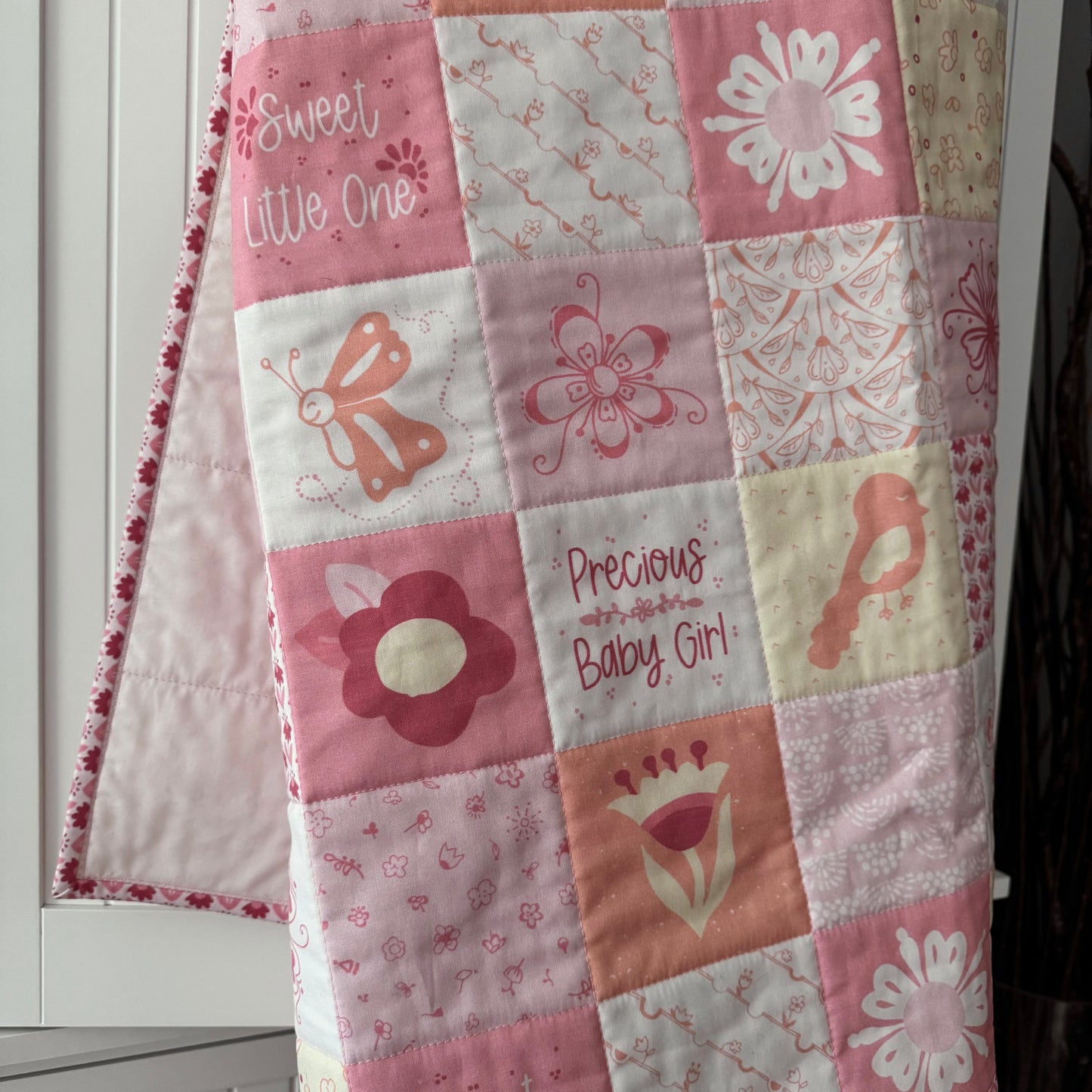 Baby Girl Quilt Pink Yellow Orange Flowers Bird Butterfly
