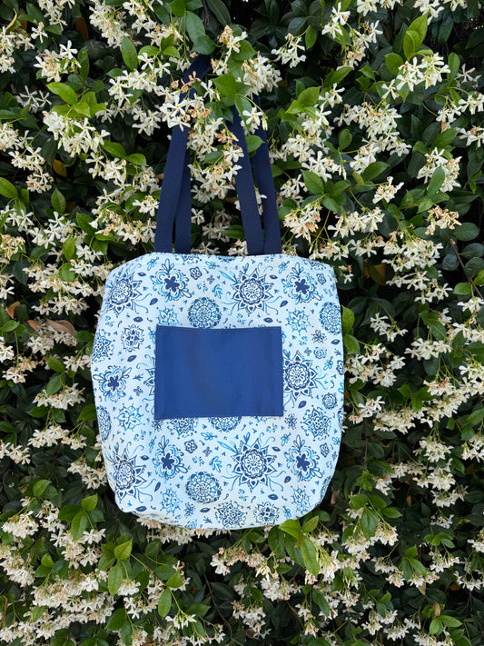 Watercolor floral tote bag with pocket on linen cotton canvas