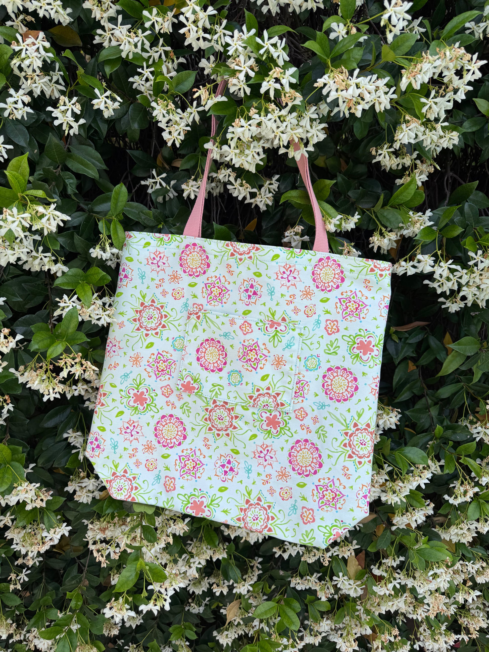 Floral canvas tote bag with outer pocket for everyday use